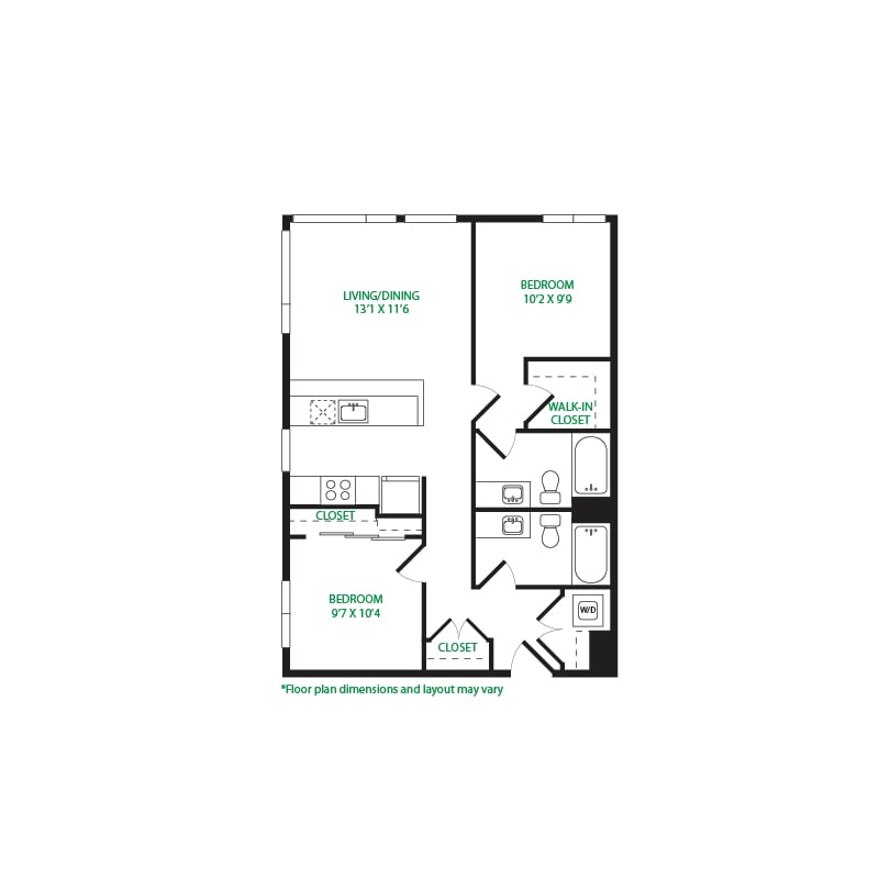 #5029 - 2 bedroom floorplan layout with 2 bathrooms and 882 square feet