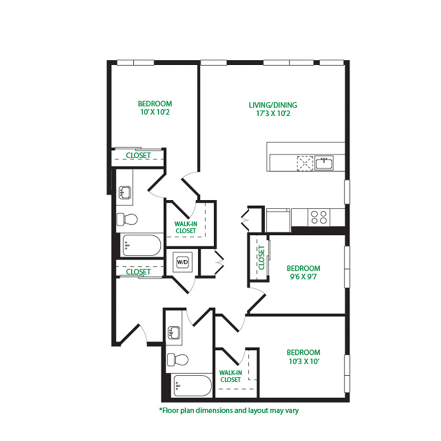 #5058 - 3 bedroom floorplan layout with 2 bathrooms and 1147 square feet