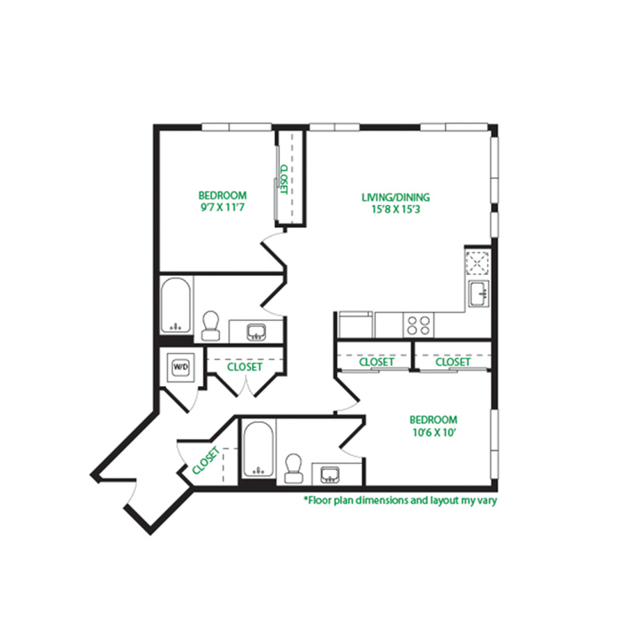 #4042 - 2 bedroom floorplan layout with 2 bathrooms and 957 square feet