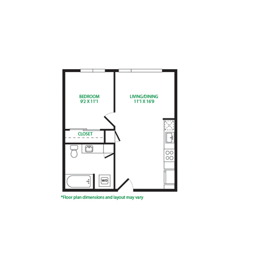#3089 - 1 bedroom floorplan layout with 1 bathroom and 531 square feet