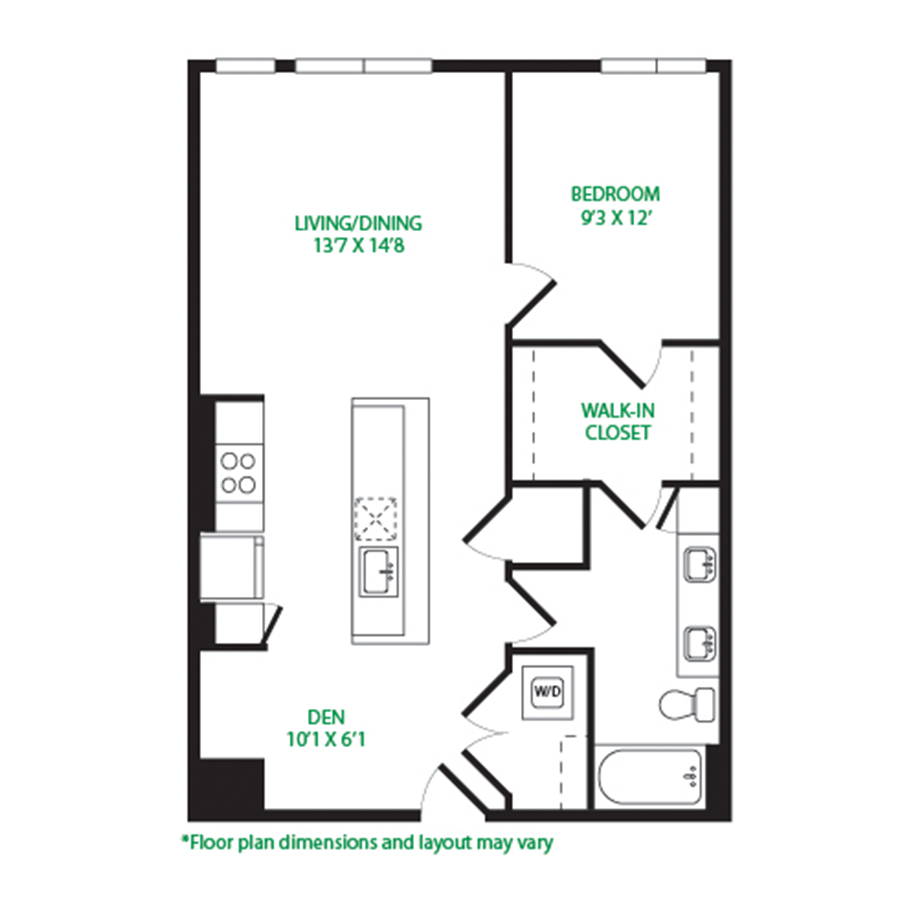 #7104 - 1 bedroom floorplan layout with 1 bathroom and 843 square feet