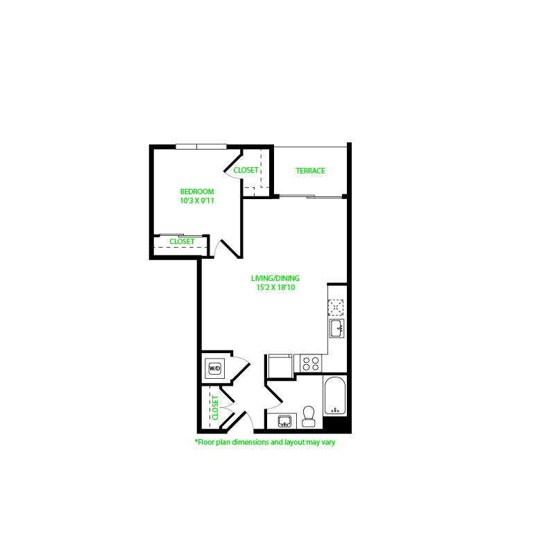 #5051 - 1 bedroom floorplan layout with 1 bathroom and 671 square feet