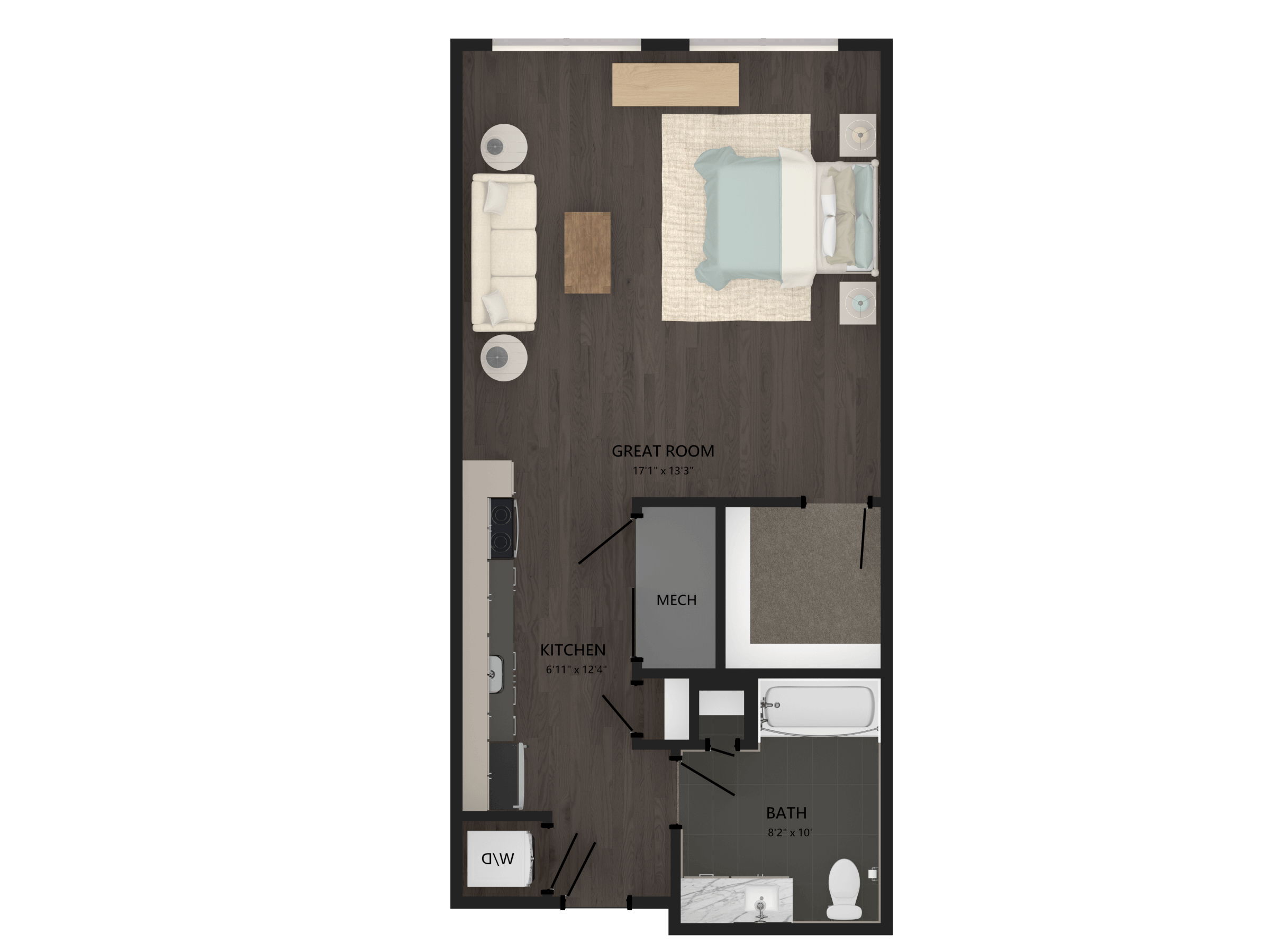 Rendering of the Studio-S8 floor plan with a Studio bedroom and 1 bathroom[s] at Carraway