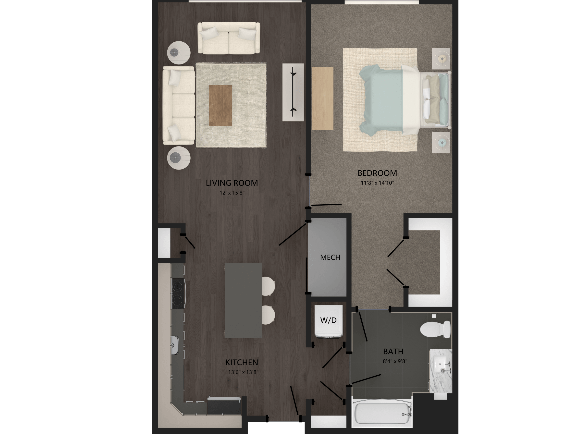 Rendering of the 1 Bed/1 Bath-A3 floor plan with 1 bedroom[s] and 1 bathroom[s] at Carraway