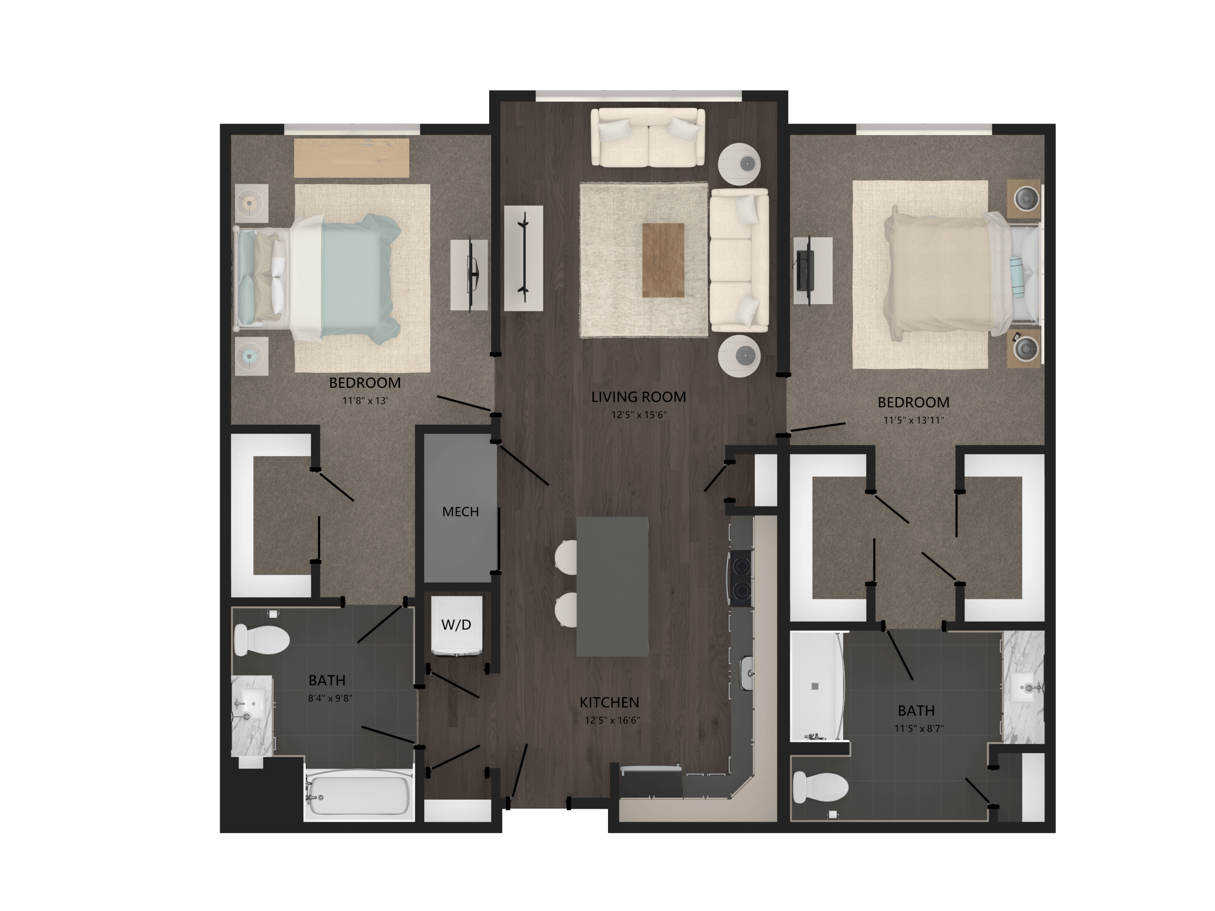 Rendering of the 2 Bed/2 Bath-B30 floor plan with 2 bedroom[s] and 2 bathroom[s] at Carraway