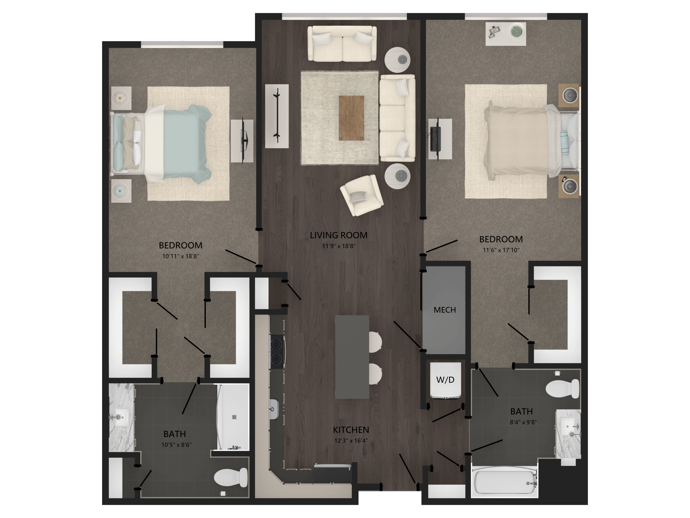 Rendering of the 2 Bed/2 Bath-B23 floor plan with 2 bedroom[s] and 2 bathroom[s] at Carraway