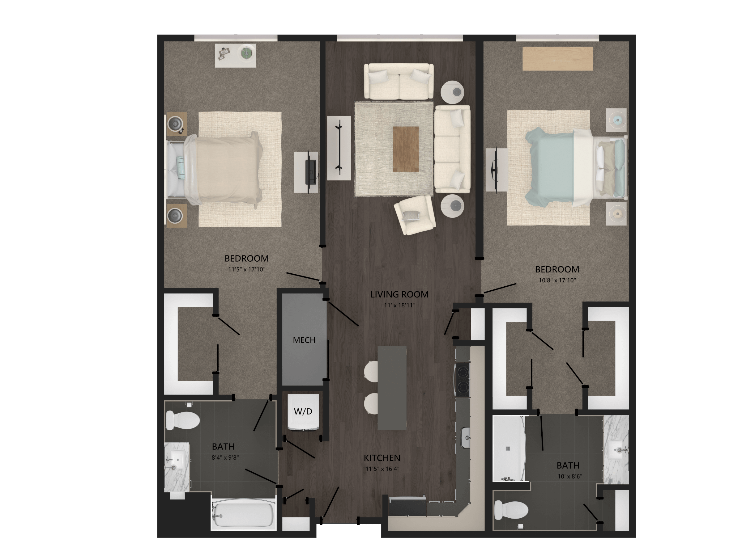 Rendering of the 2 Bed/2 Bath-B24 floor plan with 2 bedroom[s] and 2 bathroom[s] at Carraway