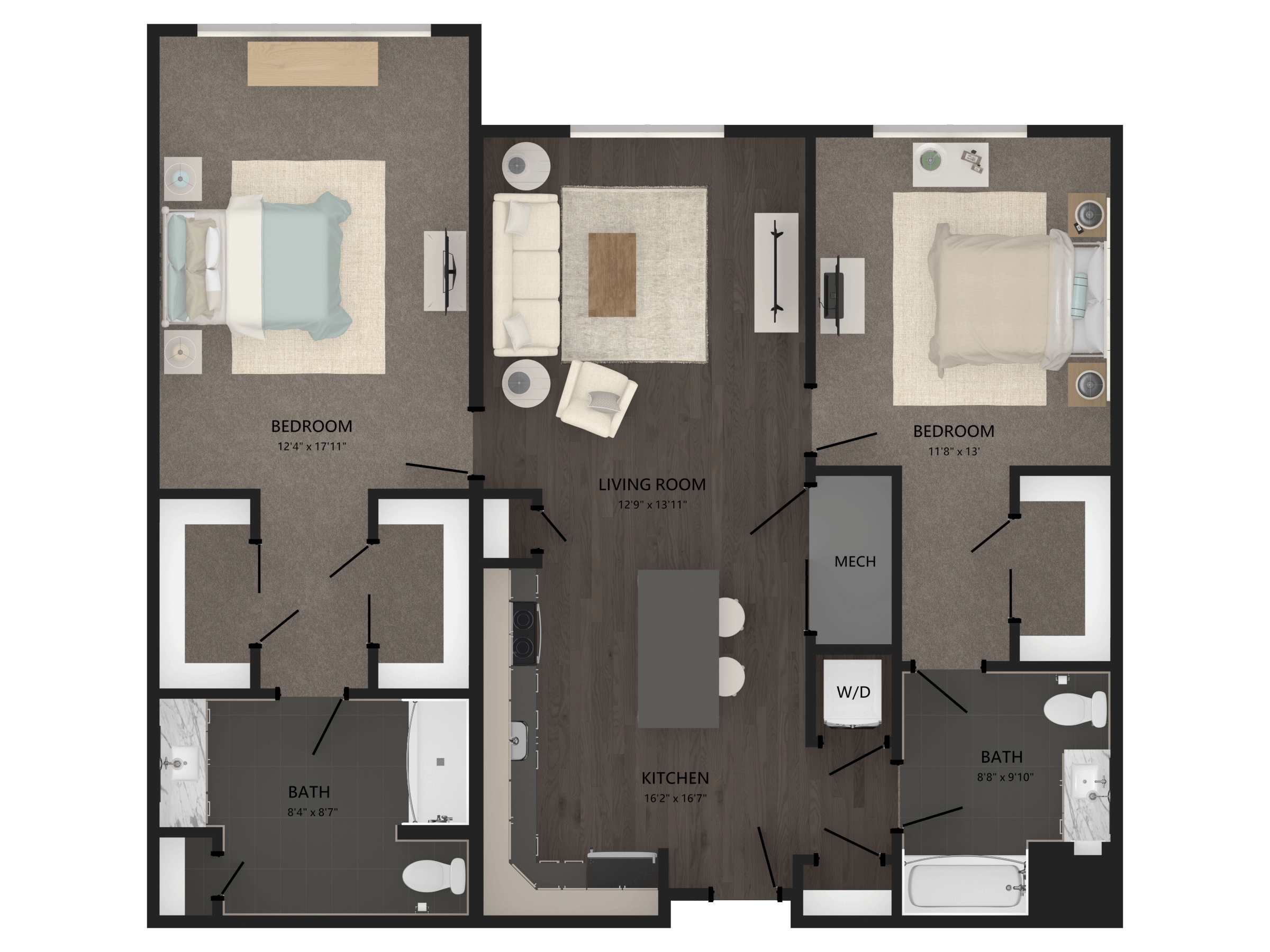 Rendering of the 2 Bed/2 Bath-B13 floor plan with 2 bedroom[s] and 2 bathroom[s] at Carraway