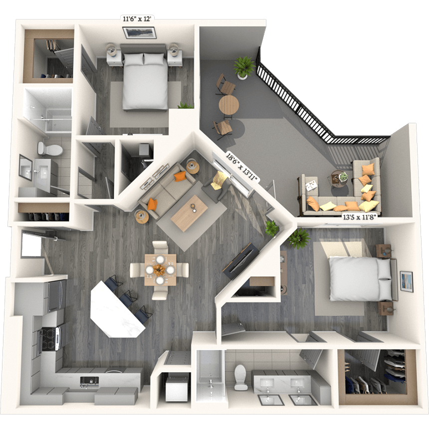 Traditional B5 2x2 1218 SF floor plan