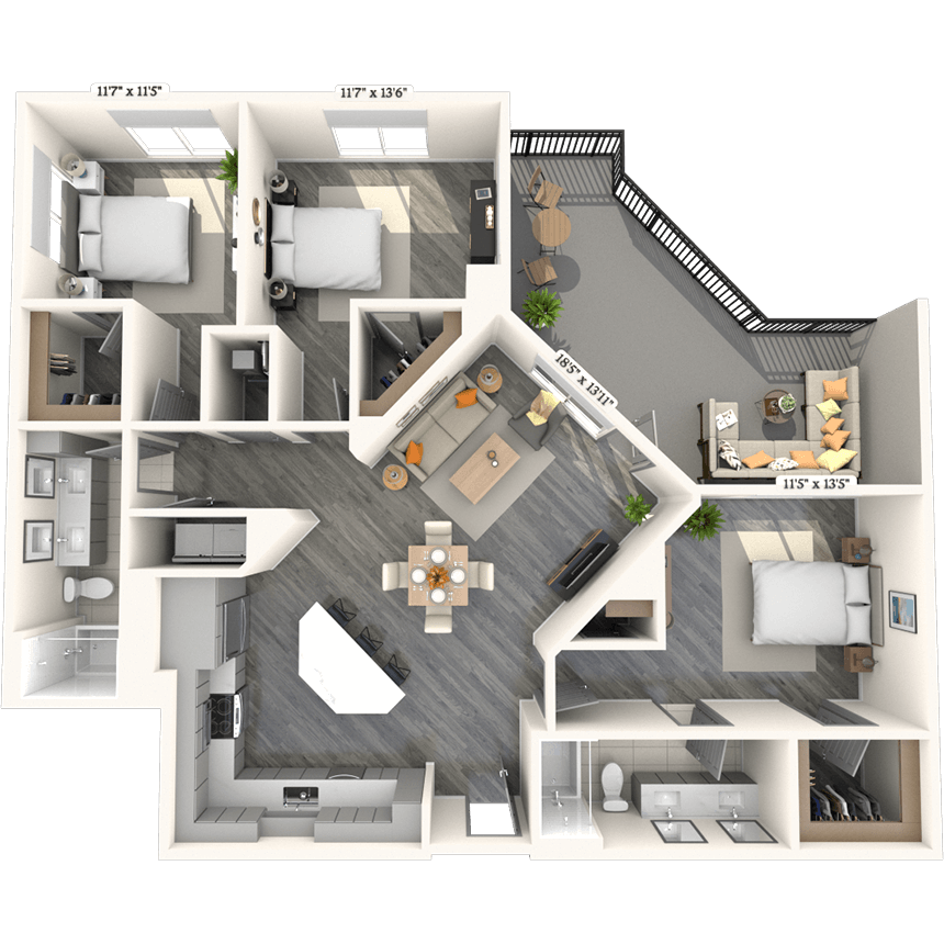 Traditional C1 3x2 1490 SF floor plan