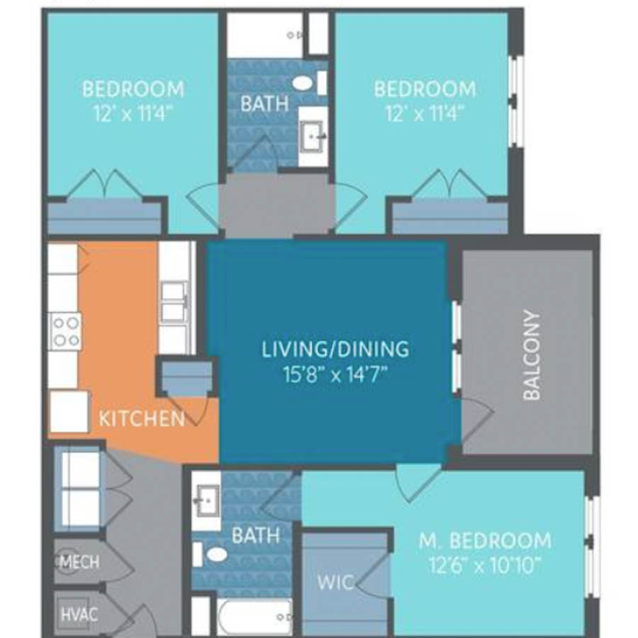 C1 1243sf 3/2 floor plan
