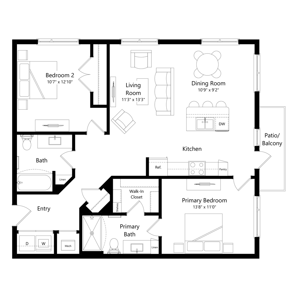 B1A1 | 2 Bed | 2 Bath floor plan
