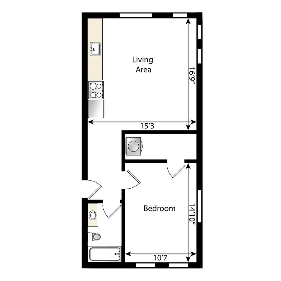 1 Bedroom, 1 Bathroom A2 floor plan