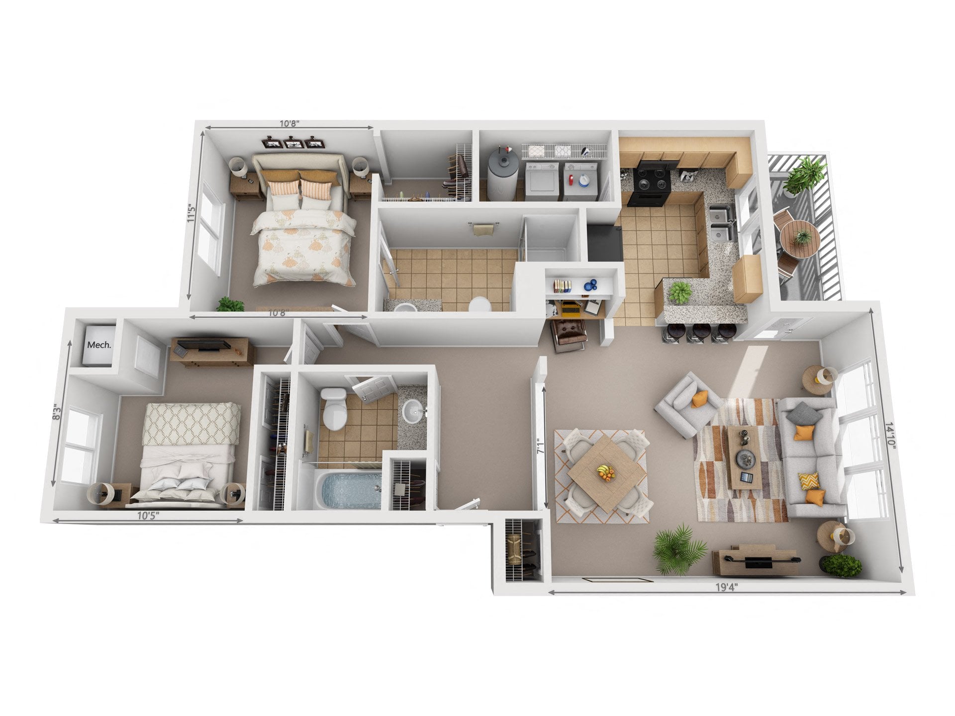 2 Bed 2 Bath floor plan