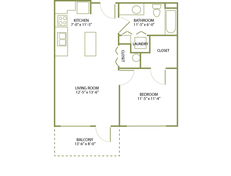 1 Bed/1 Bath-B-1B floor plan