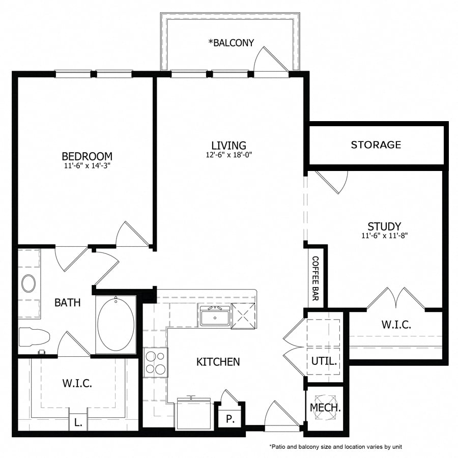 Rendering of the SH_A7 floor plan with 1 bedroom[s] and 1 bathroom[s] at Sage Hill at Cypress Waters