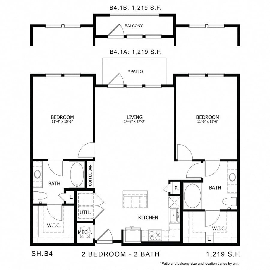 Rendering of the SH_B4 floor plan with 2 bedroom[s] and 2 bathroom[s] at Sage Hill at Cypress Waters
