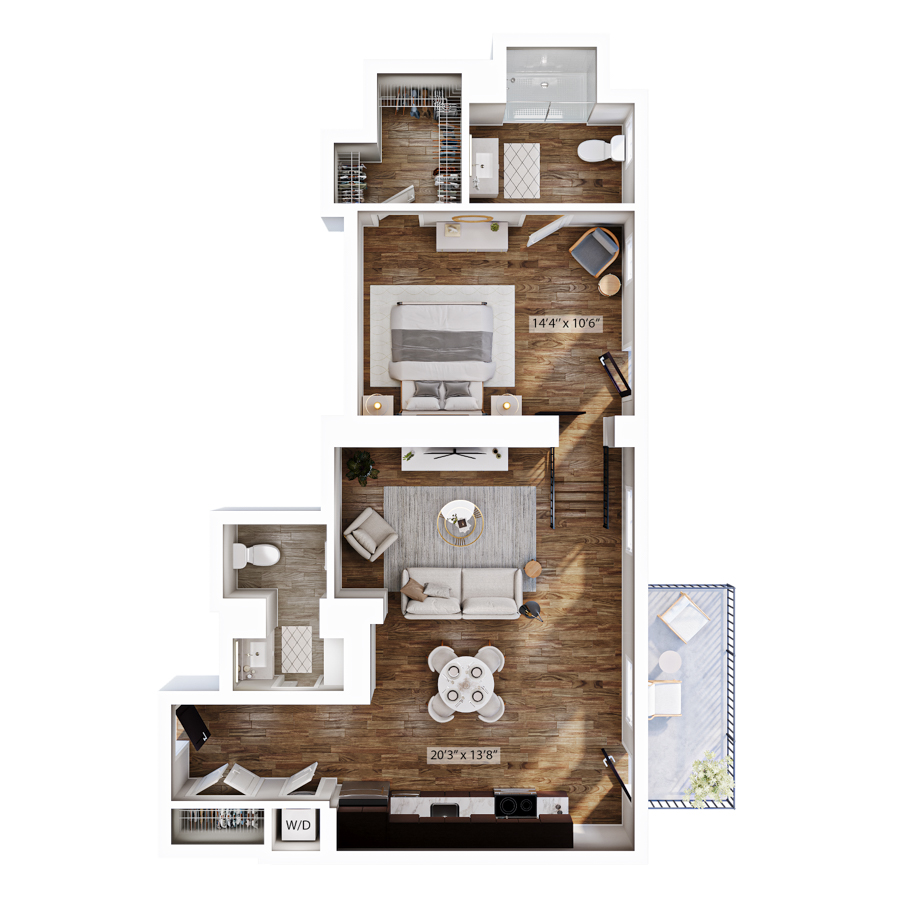 Apartment B-02, floor plan 1O: 1 bedroom, 1.5 bathrooms, 828 square feet