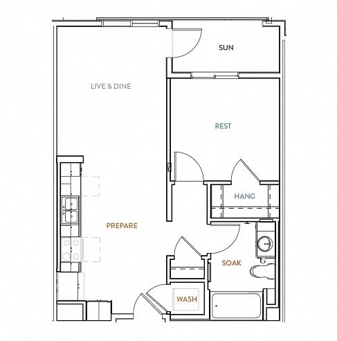 Rendering of the A2 floor plan with 1 bedroom[s] and 1 bathroom[s] at Malden Station by Windsor