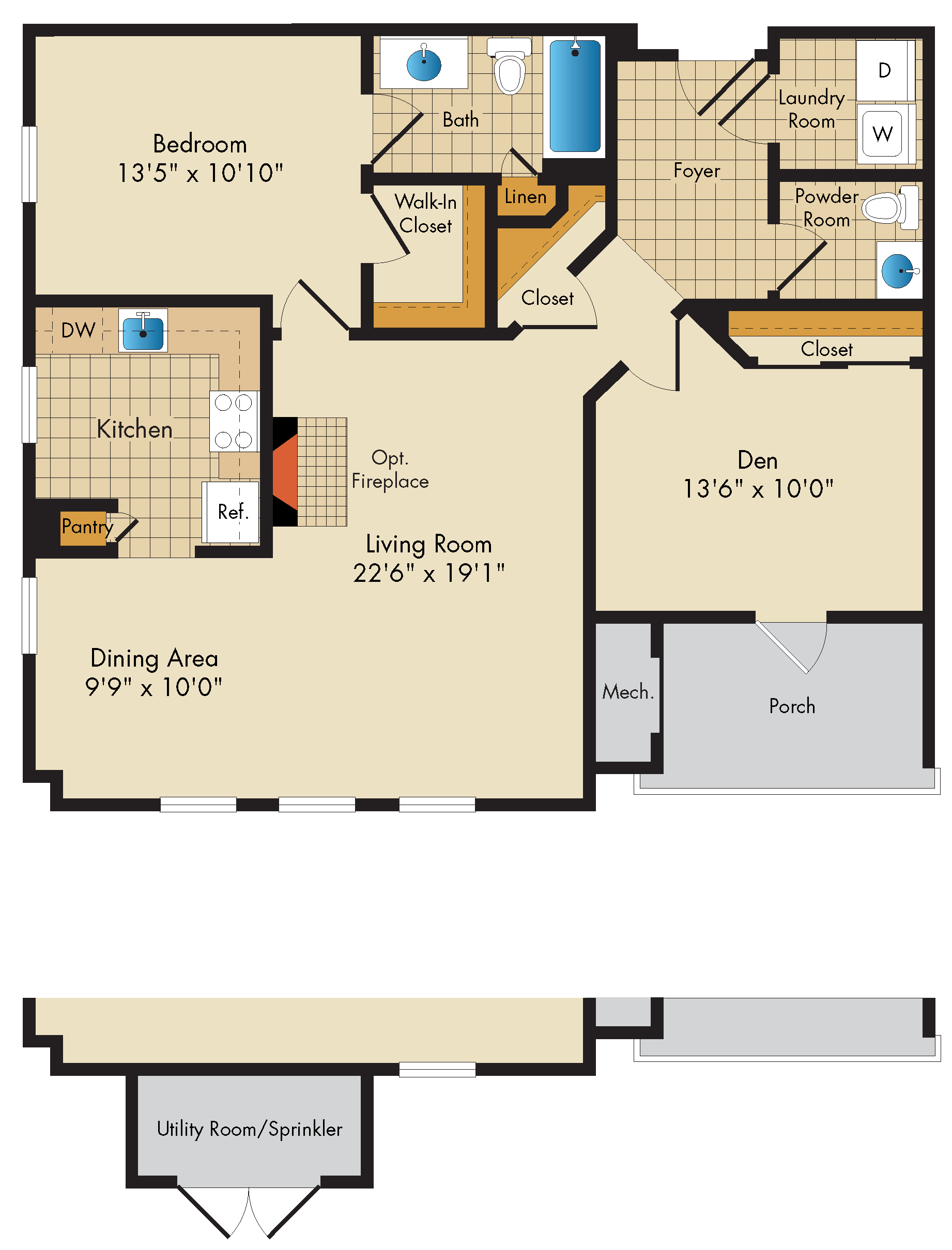 1 Bed 1.5 Bath Den floor plan