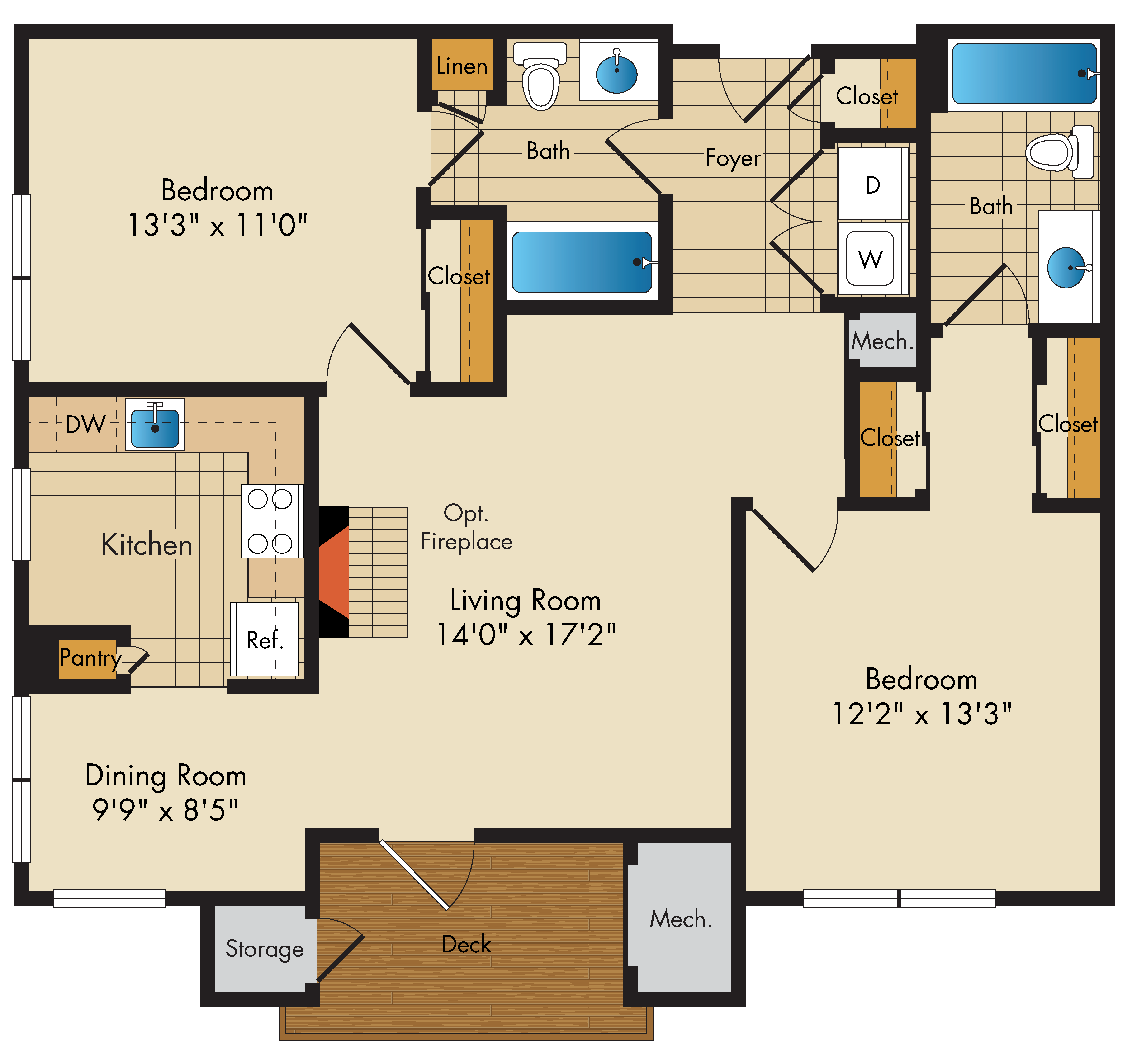 2 Bed 2 Bath floor plan