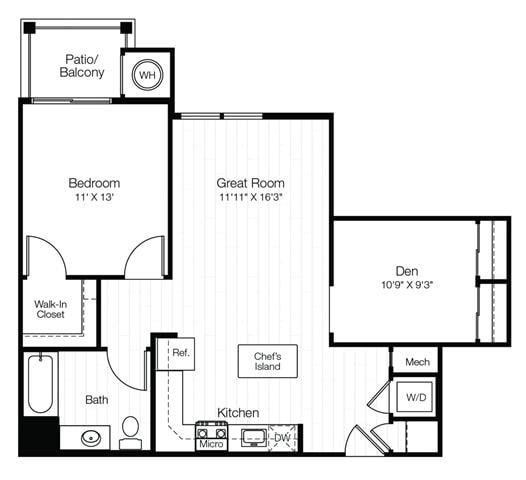 A13D 1 Bedroom 1 Bath with Balcony & Den floor plan
