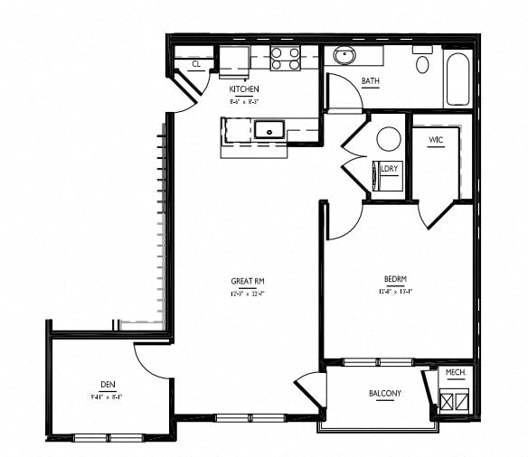 1 Bed 1 Bath Den Phase IV floor plan