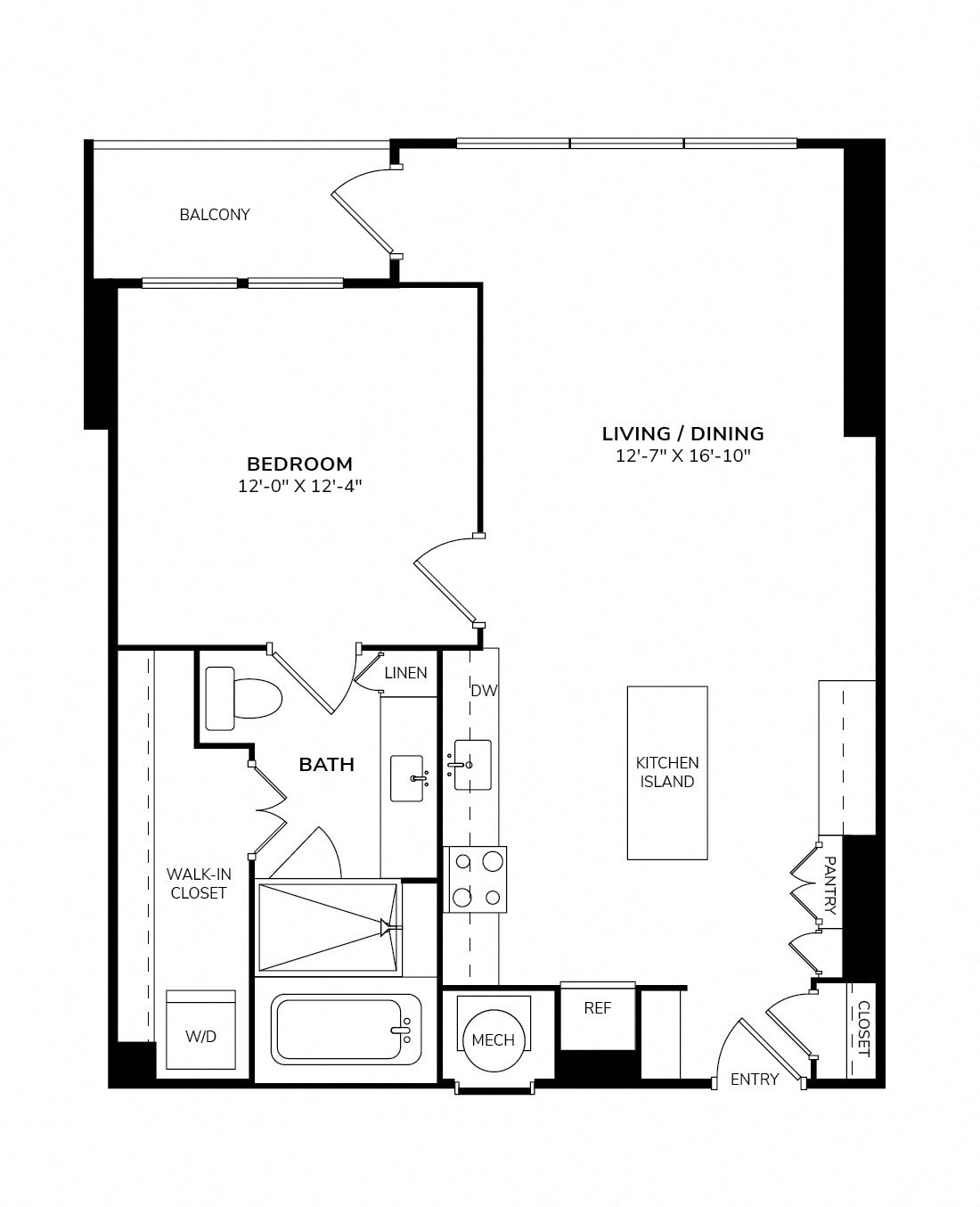 Rendering of the A4 floor plan with 1 bedroom[s] and 1 bathroom[s] at The Jordan by Windsor