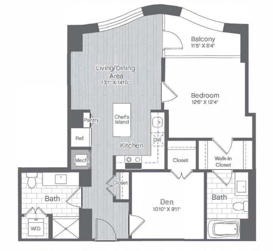 1 Bed/2 Bath Den-B1A floor plan