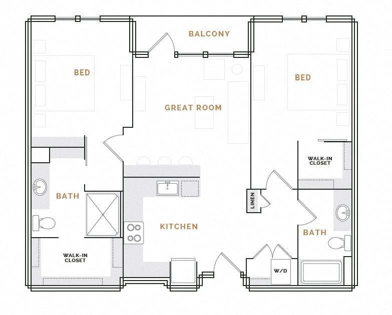Rendering of the WB1A floor plan with 2 bedroom[s] and 2 bathroom[s] at Hardware District