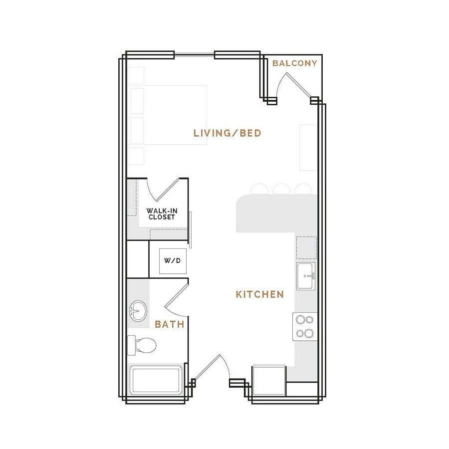Rendering of the WS2 floor plan with a Studio bedroom and 1 bathroom[s] at Hardware District