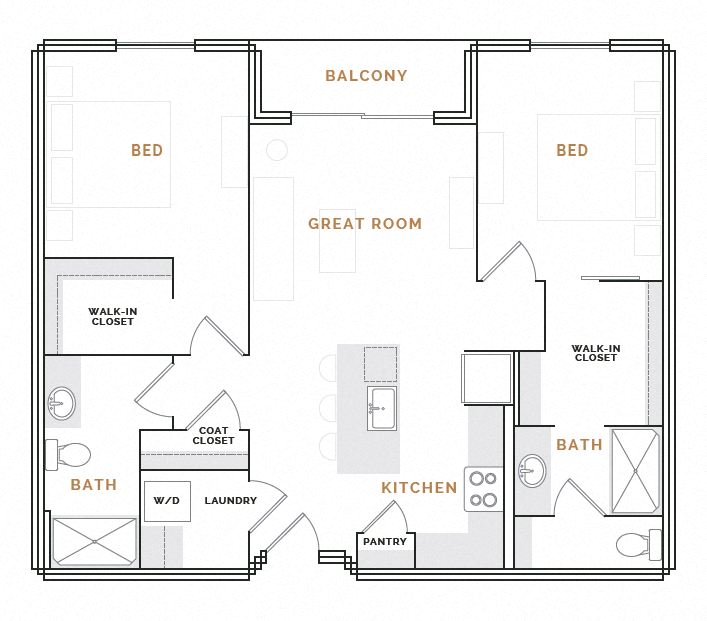 Rendering of the EB2 floor plan with 2 bedroom[s] and 2 bathroom[s] at Hardware District