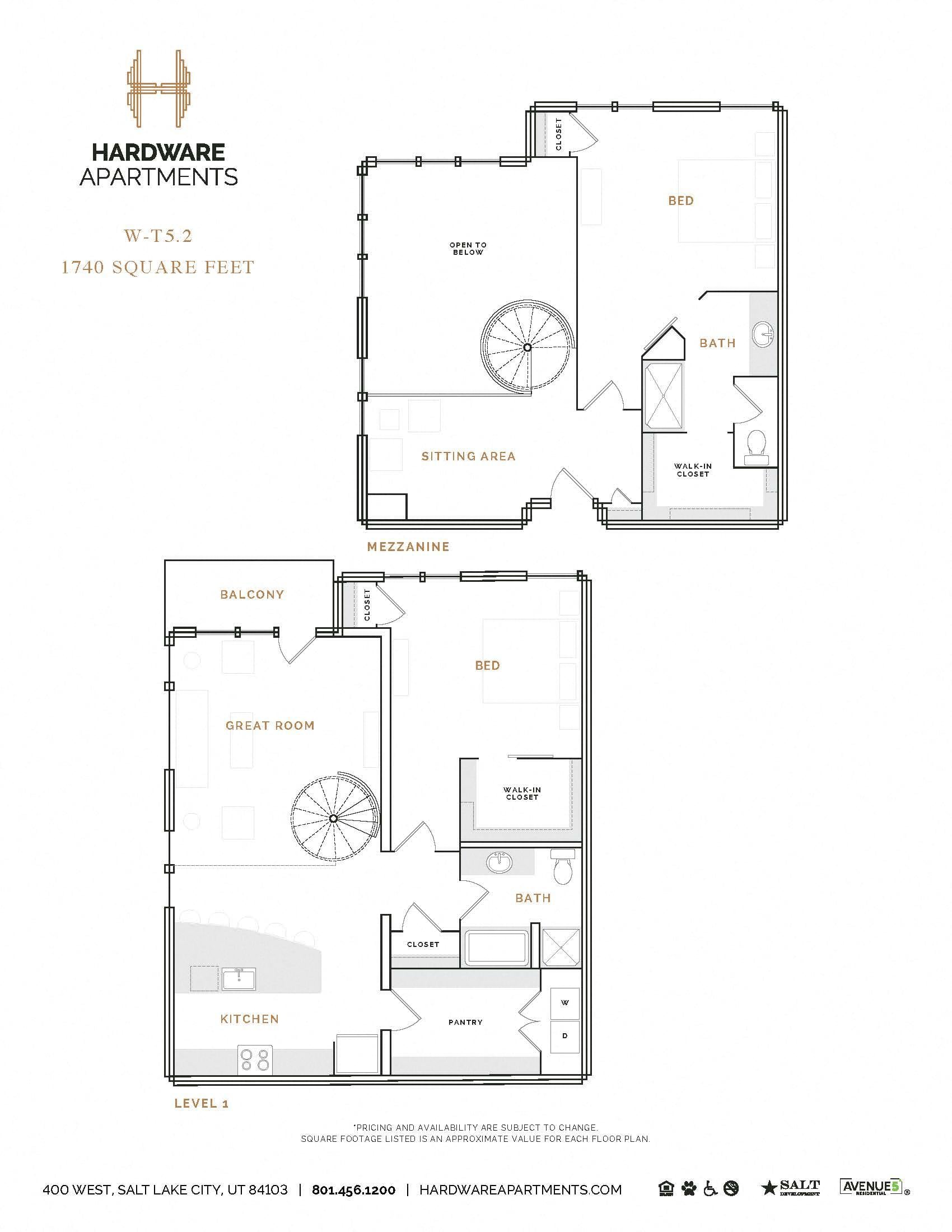 Rendering of the WT5.2 floor plan with 2 bedroom[s] and 2 bathroom[s] at Hardware District