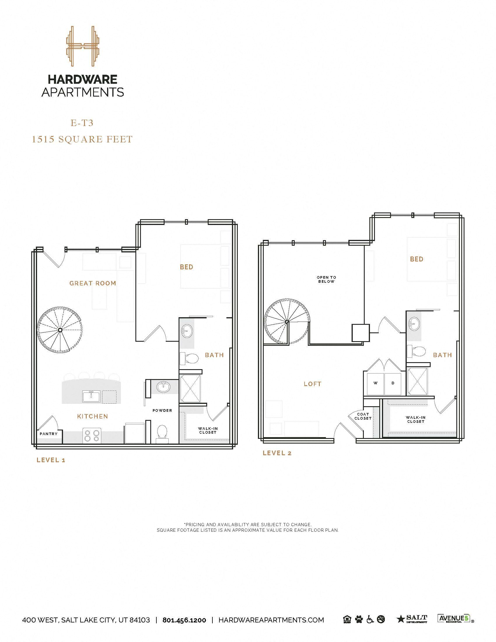 Rendering of the ET3 floor plan with 2 bedroom[s] and 2.5 bathroom[s] at Hardware District