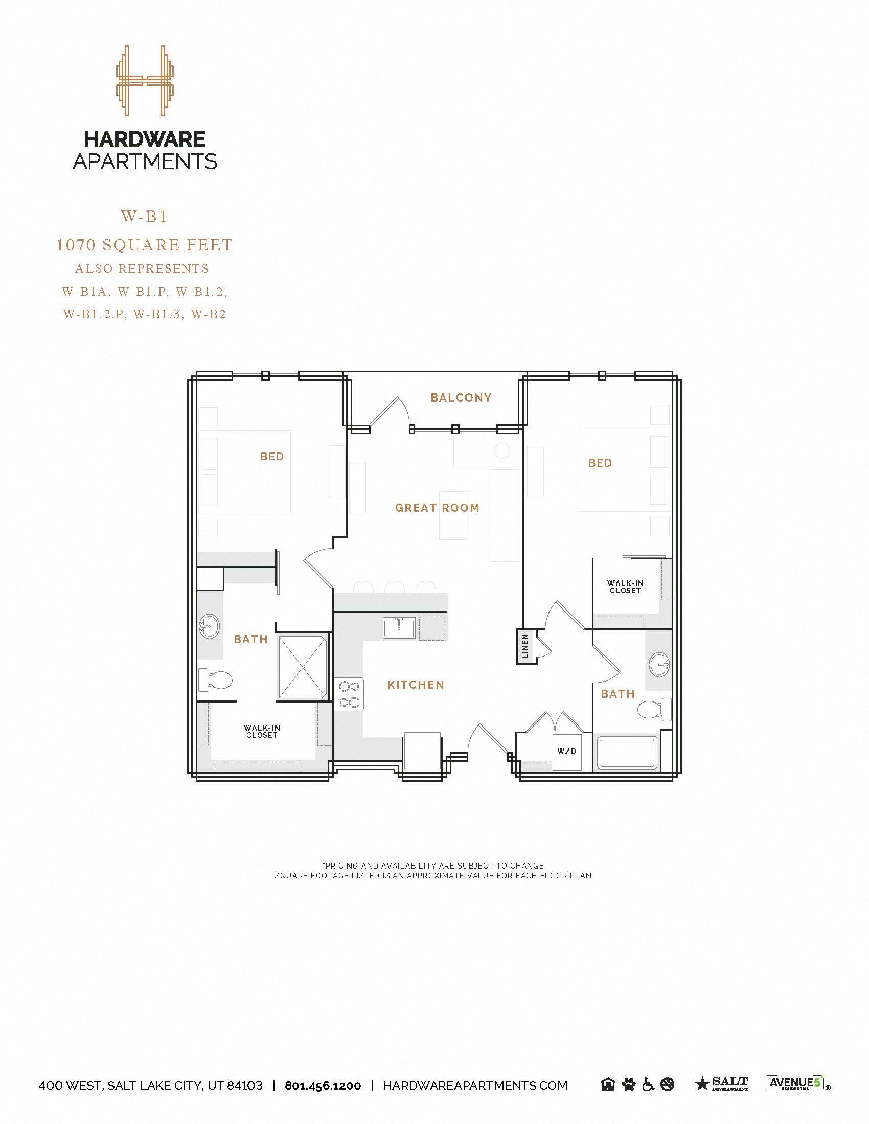 Rendering of the WB1 floor plan with 2 bedroom[s] and 2 bathroom[s] at Hardware District
