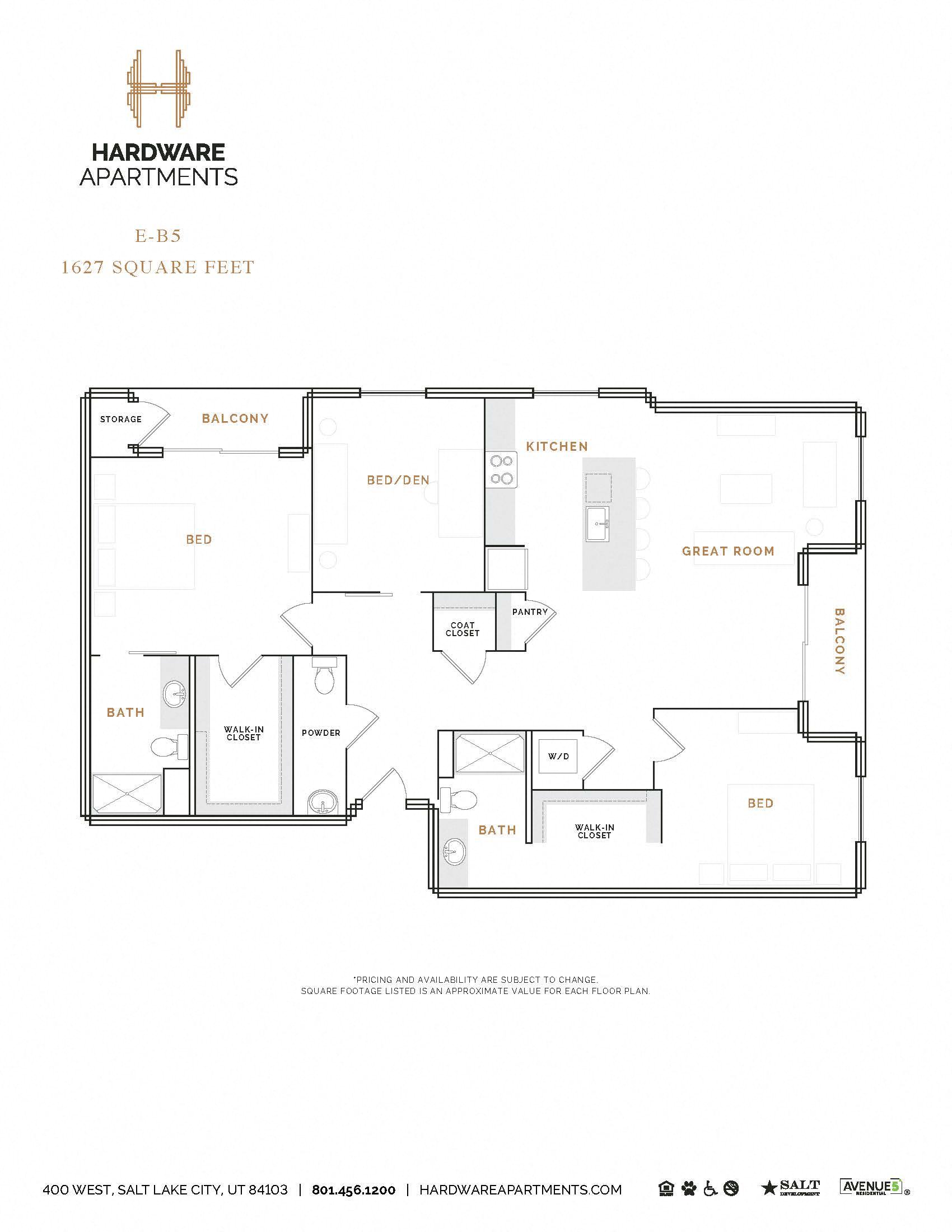 Rendering of the EB5 floor plan with 2 bedroom[s] and 2.5 bathroom[s] at Hardware District