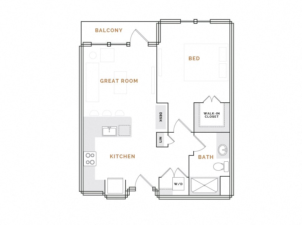 Rendering of the WA2 floor plan with 1 bedroom[s] and 1 bathroom[s] at Hardware District