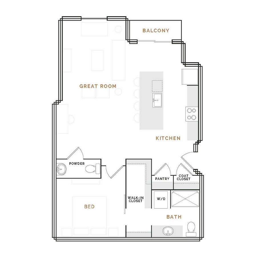 Rendering of the EA9 floor plan with 1 bedroom[s] and 1.5 bathroom[s] at Hardware District