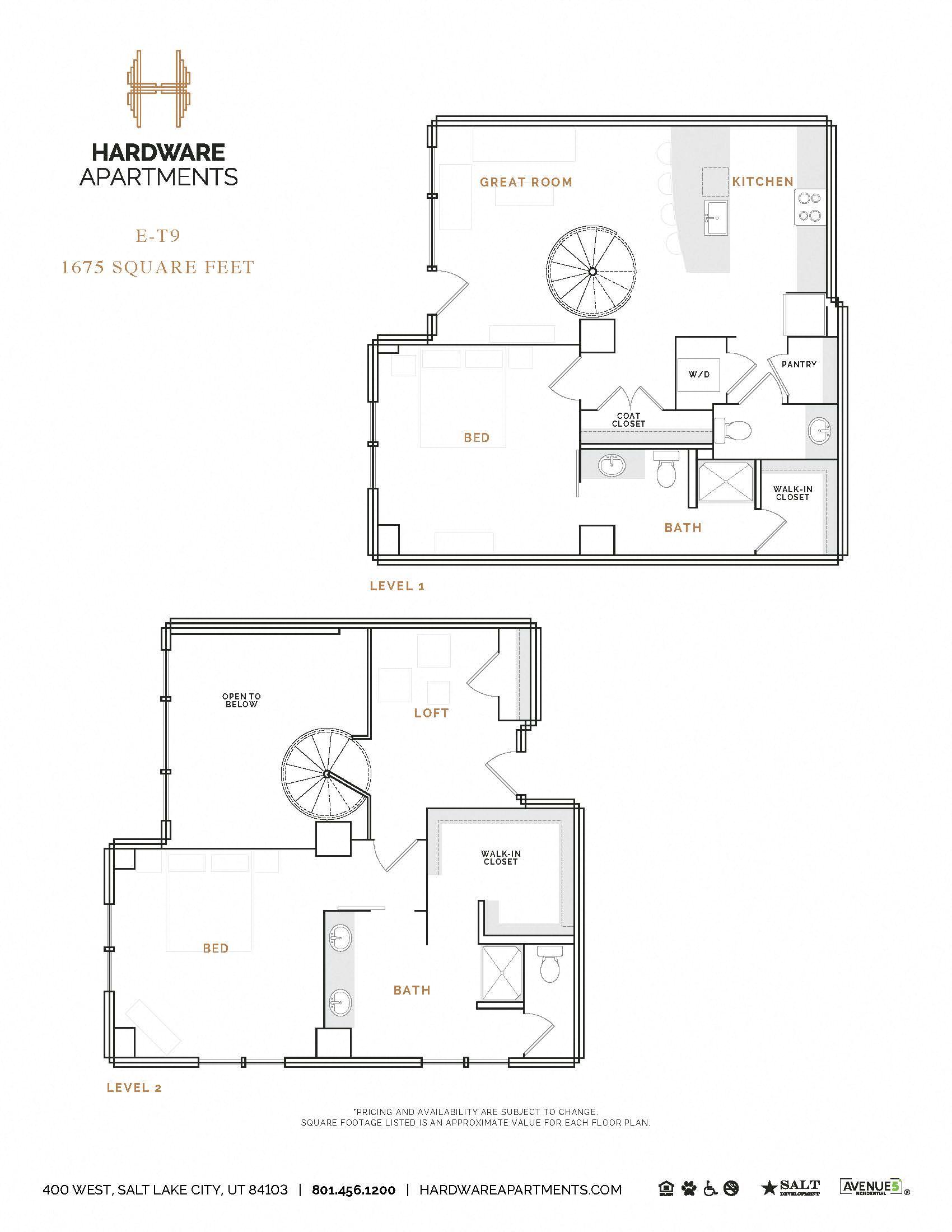Rendering of the ET9 floor plan with 2 bedroom[s] and 2.5 bathroom[s] at Hardware District
