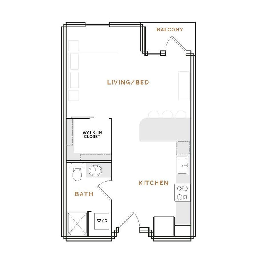 Rendering of the WS4 floor plan with a Studio bedroom and 1 bathroom[s] at Hardware District