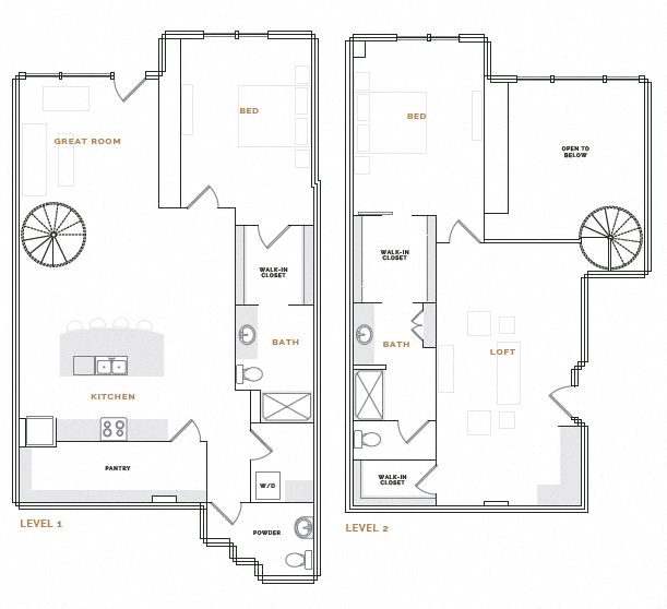 Rendering of the ET11 floor plan with 2 bedroom[s] and 2.5 bathroom[s] at Hardware District