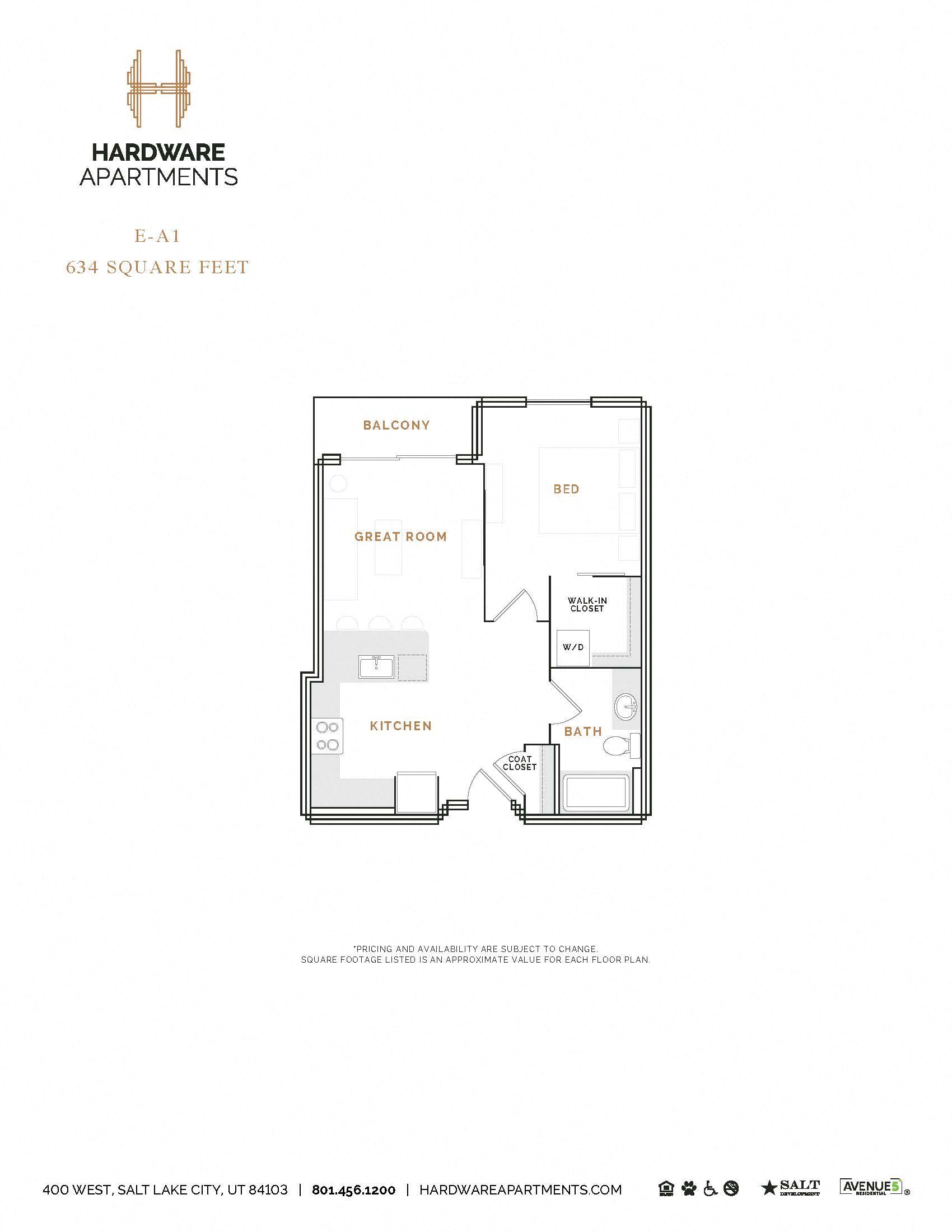Rendering of the EA1 floor plan with 1 bedroom[s] and 1 bathroom[s] at Hardware District