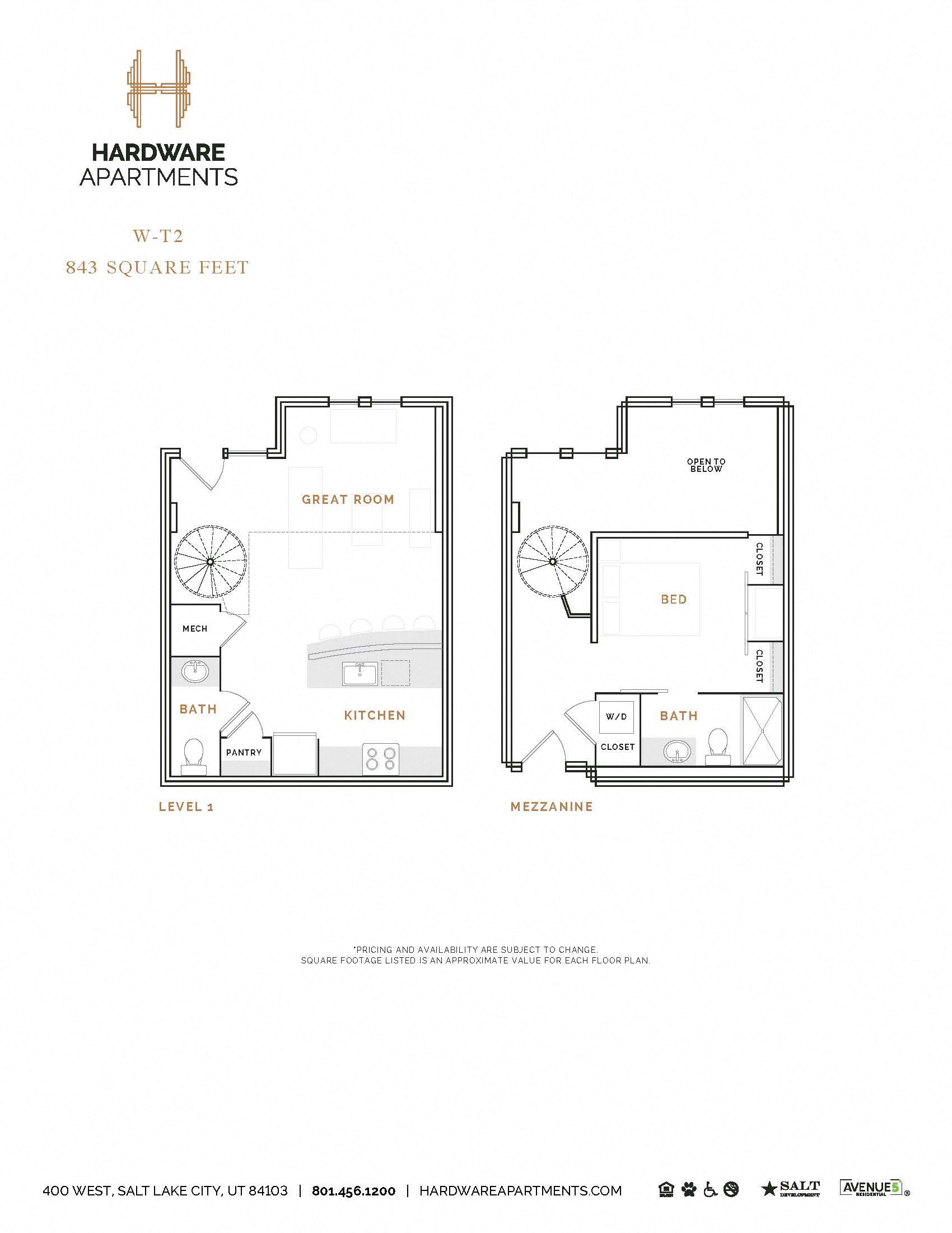 Rendering of the WT2 floor plan with 1 bedroom[s] and 1.5 bathroom[s] at Hardware District