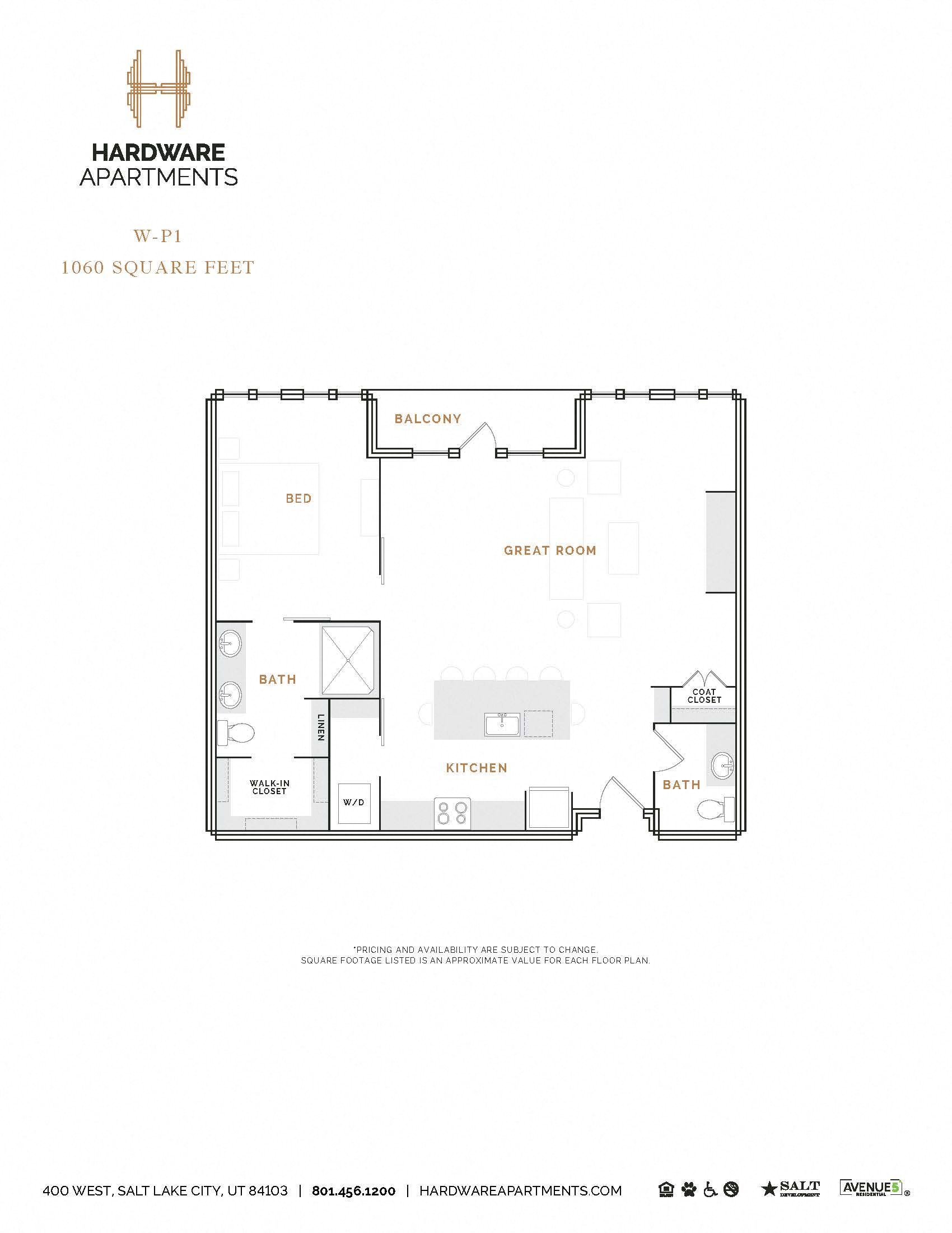 Rendering of the WP1 floor plan with 1 bedroom[s] and 1.5 bathroom[s] at Hardware District