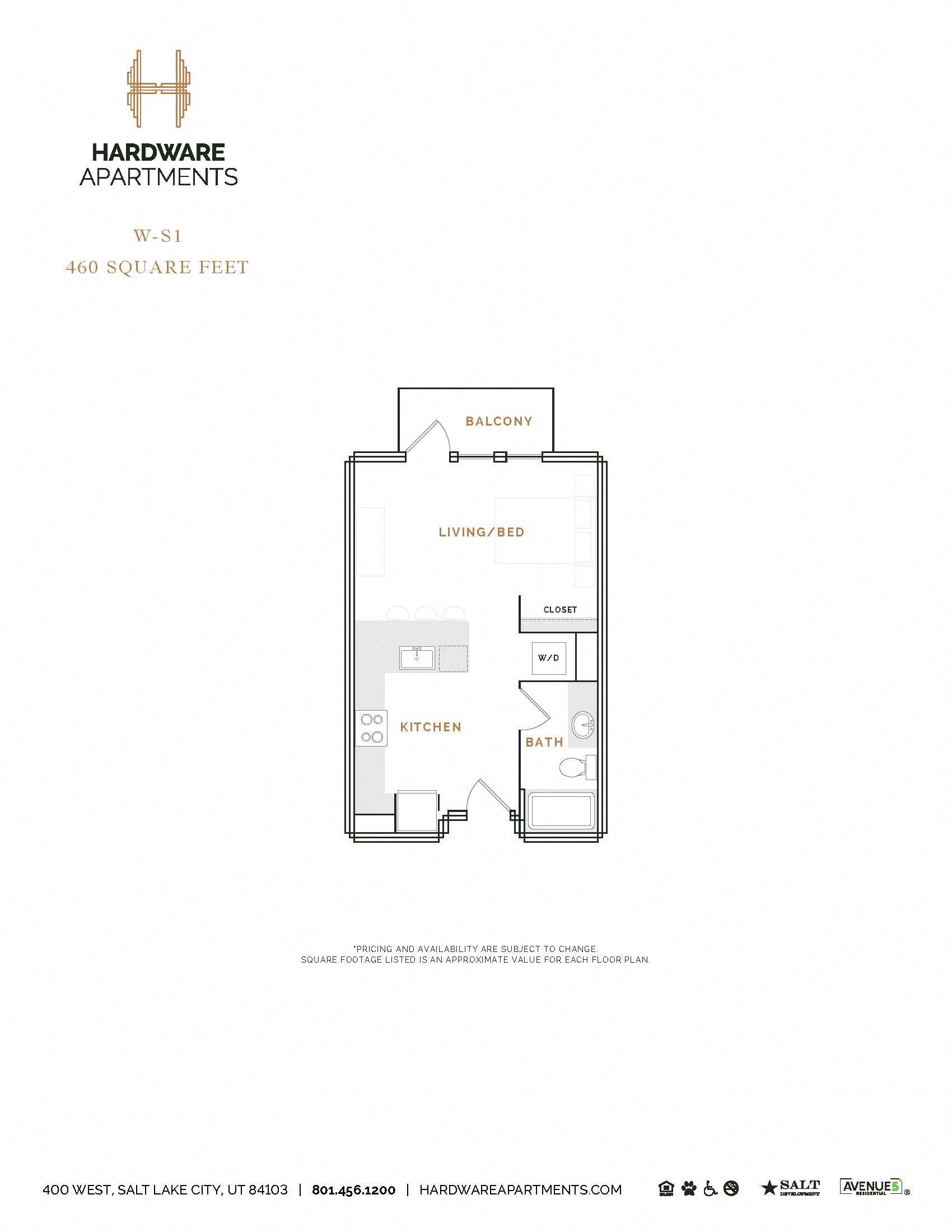 Rendering of the WS1 floor plan with a Studio bedroom and 1 bathroom[s] at Hardware District