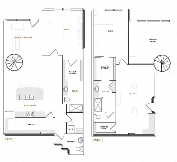 Rendering of the ET11 floor plan with 2 bedroom[s] and 2.5 bathroom[s] at Hardware District