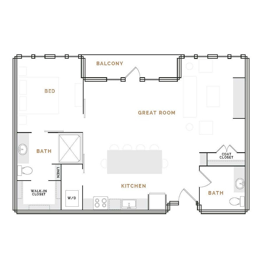 Rendering of the WP2 floor plan with 1 bedroom[s] and 1.5 bathroom[s] at Hardware District