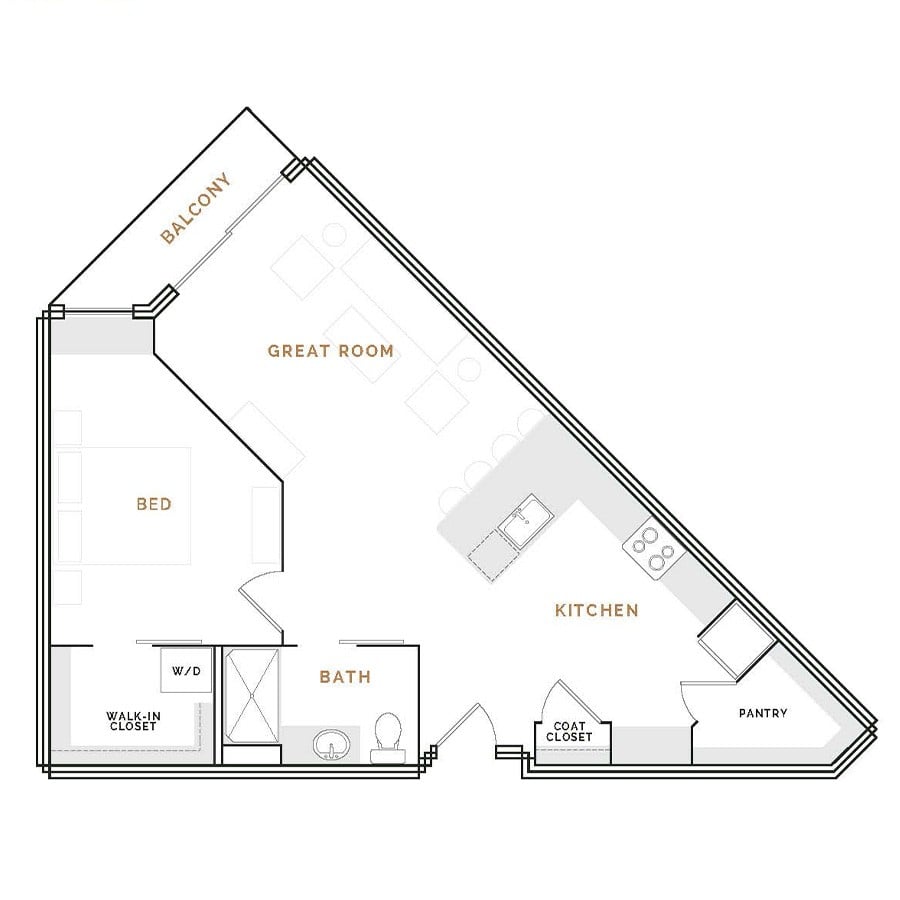 Rendering of the EA6 floor plan with 1 bedroom[s] and 1 bathroom[s] at Hardware District