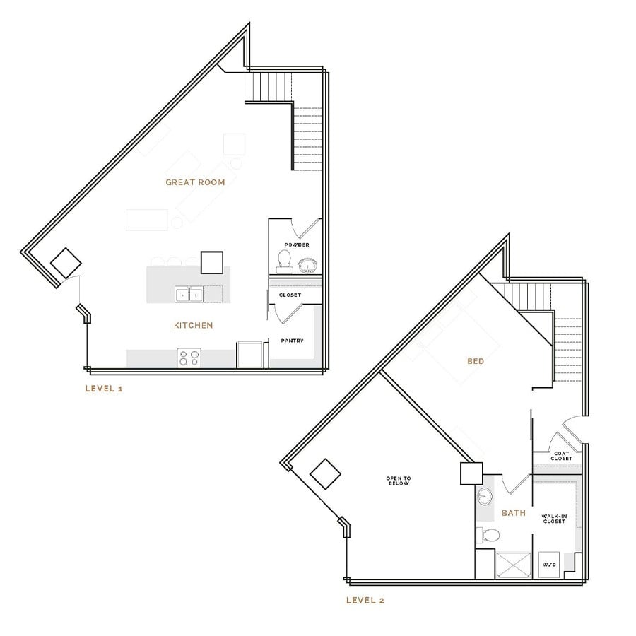Rendering of the ET4 floor plan with 1 bedroom[s] and 1.5 bathroom[s] at Hardware District