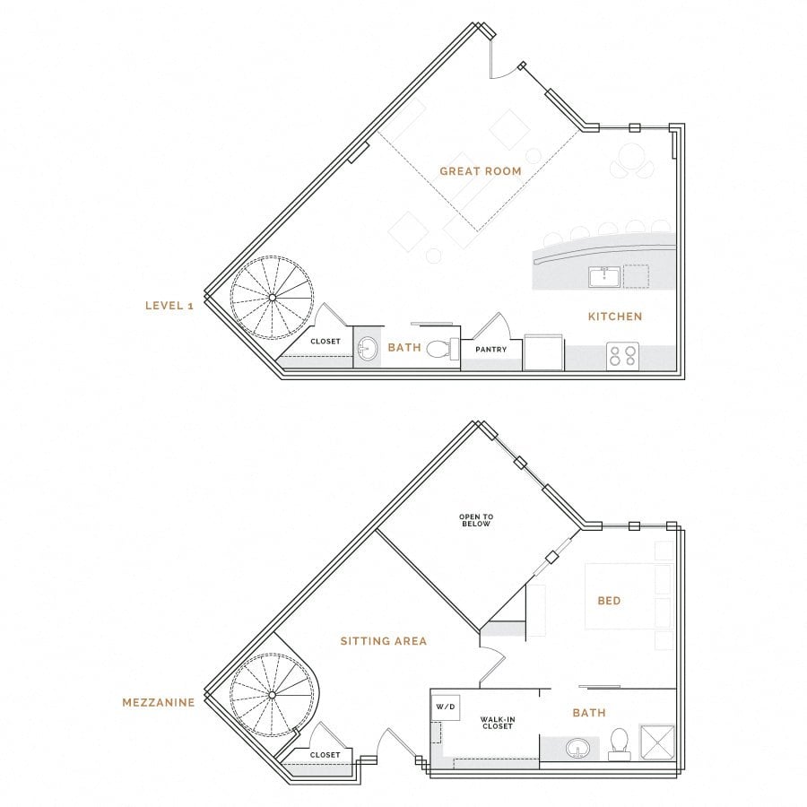 Rendering of the WT3.1 floor plan with 1 bedroom[s] and 1.5 bathroom[s] at Hardware District